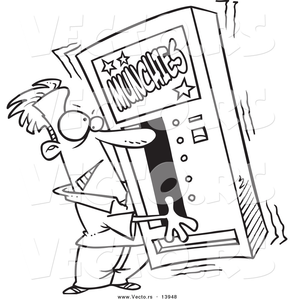 R of a cartoon man shaking a munchies vending machine
