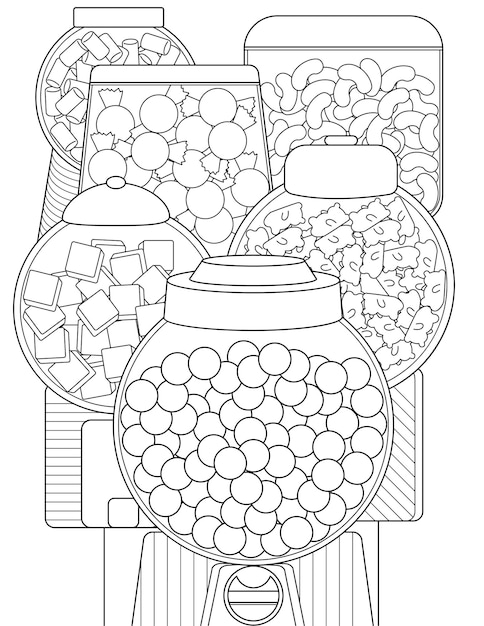 Premium vector coloring page with variuos candies in different jars in vending machine sheet to be colored with sweets dispenser deserts automat full with mini chocolates