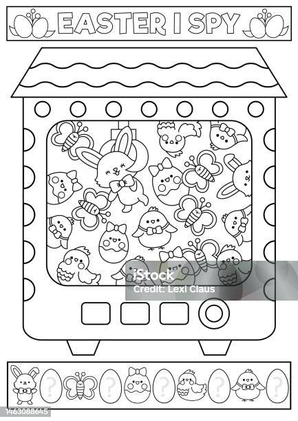 Easter black and white kawaii find differences game coloring page with cute animals in toy vending machine spring holiday puzzle or activity for kids with characters what is different worksheet stock illustration