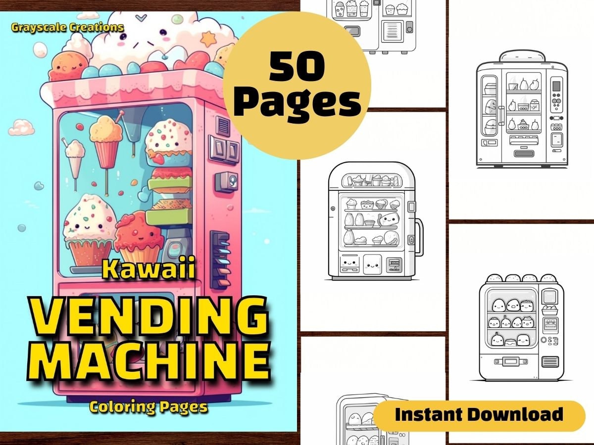 Vending machine coloring page book food cute kawaii doodle birthday activity printable pdf sheets grayscale coloring adults kids