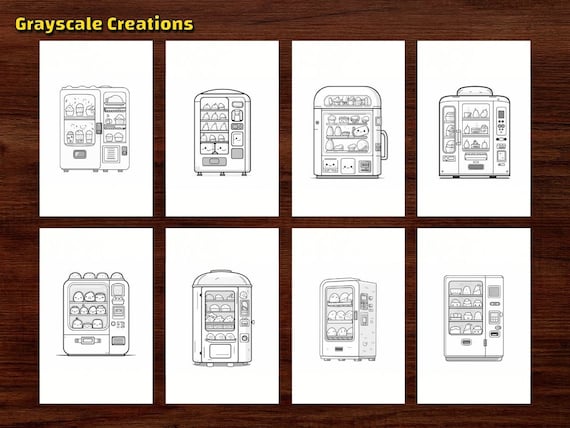 Vending machine coloring page book food cute kawaii doodle birthday activity printable pdf sheets grayscale coloring adults kids