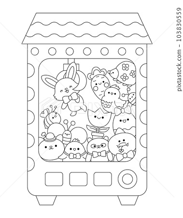 Vector black and white kawaii toy vending