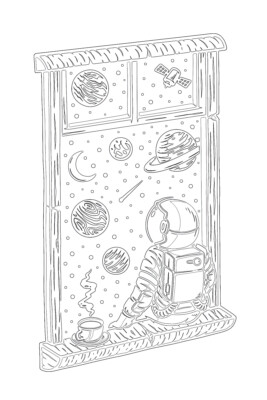 Astronaut looks out of the window coloring page