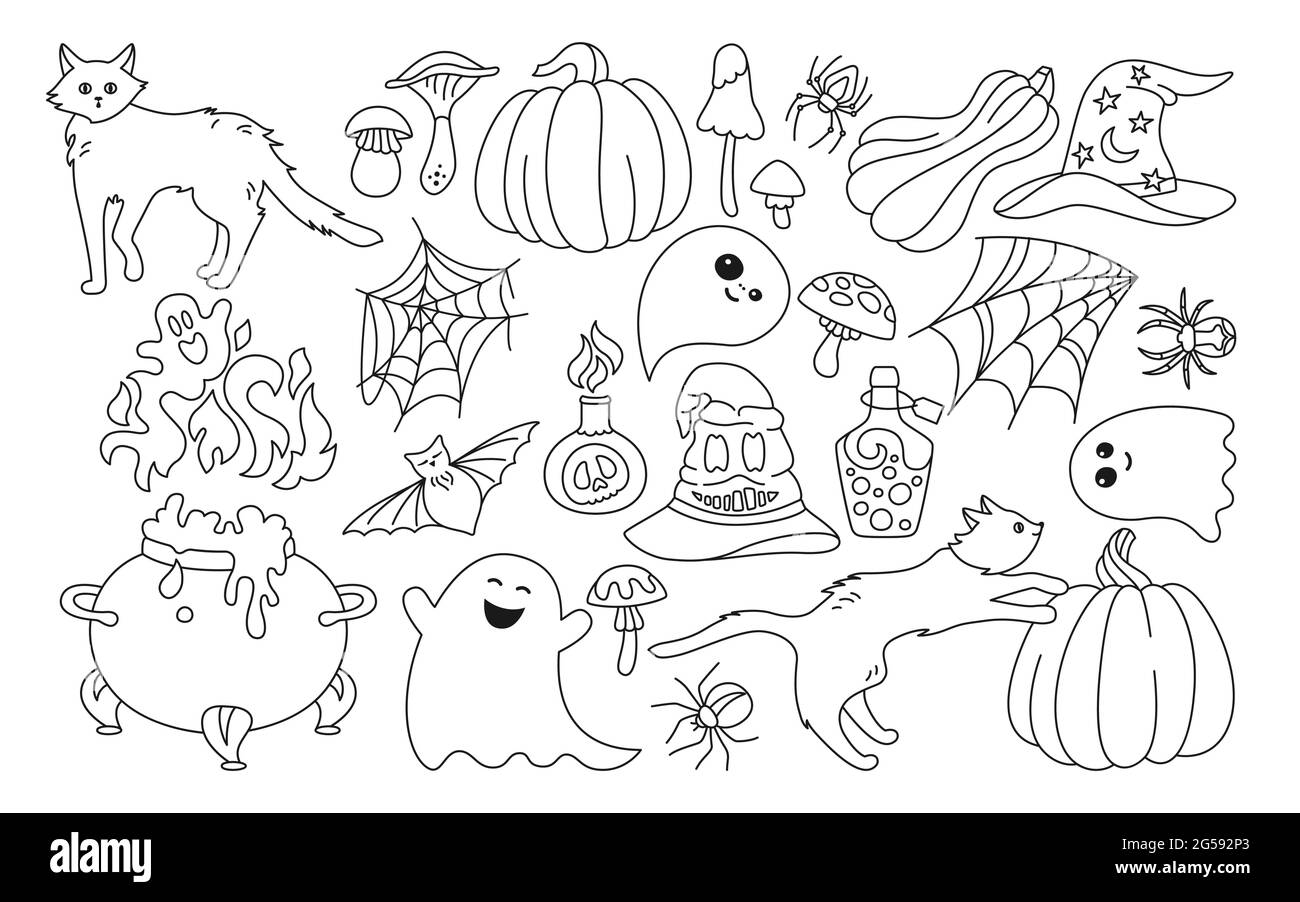 Halloween holiday ic horror line cartoon set black cat pumpkin hat spider web symbolic doodle design magic hag cauldron bat toxic mushroom wizard potion poison bottle vector illustration stock vector image