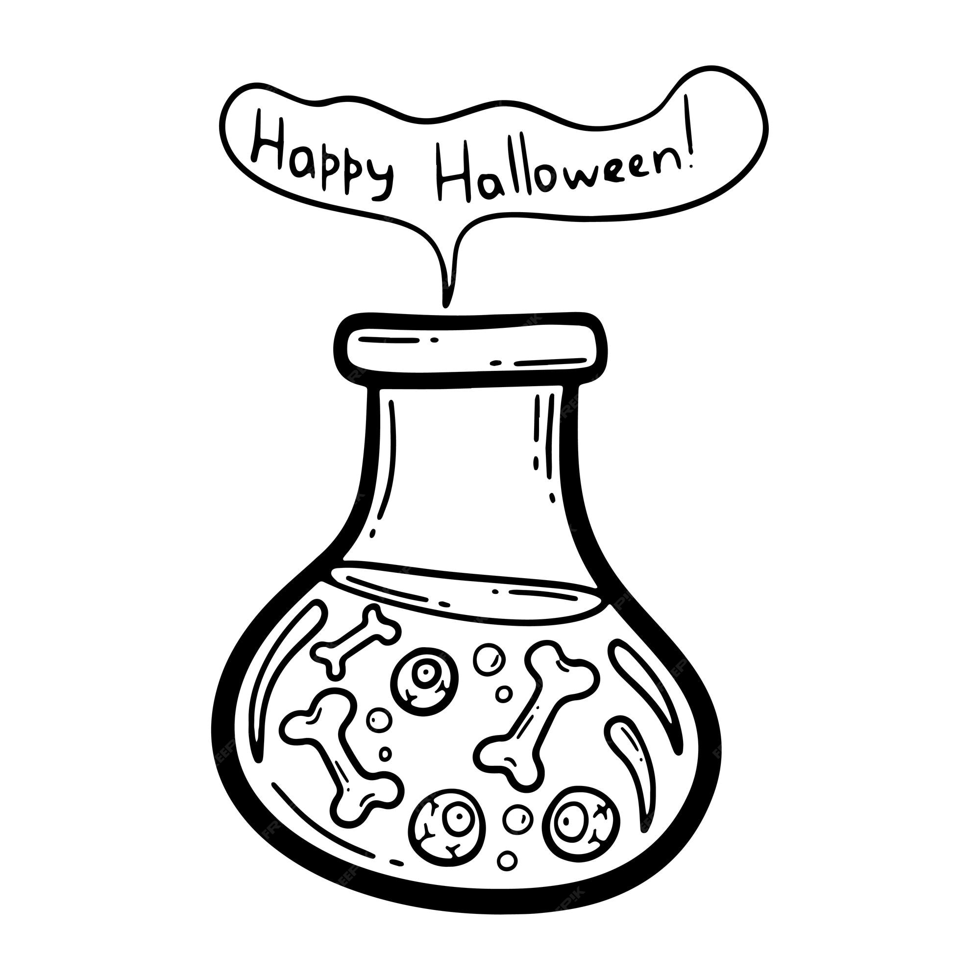 Premium vector vector hand drawn illustration eyeballs and bones in a flask with poison halloween decoration jar with venom glass bottle