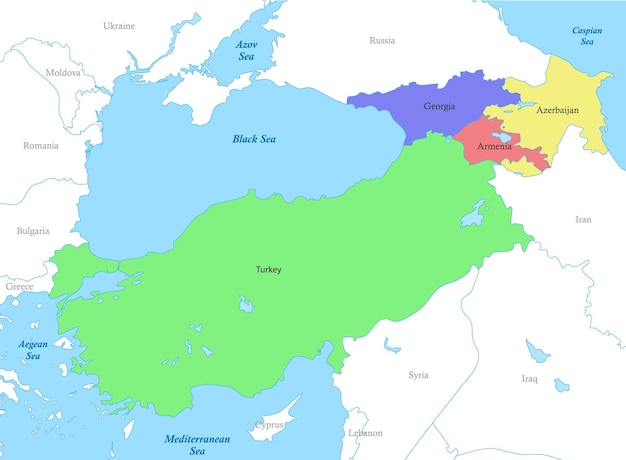 Mapa de turquãa y el cãucaso con las fronteras de los paãs vector premium