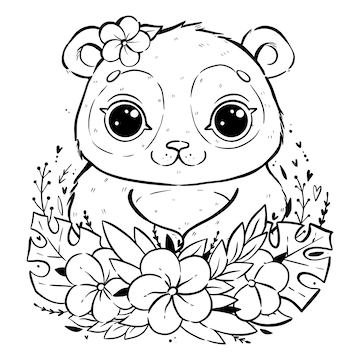 Premium vector portrait of a cute panda with tropical leaves and flowers panda with open eyes and with a flower near the ear coloring page