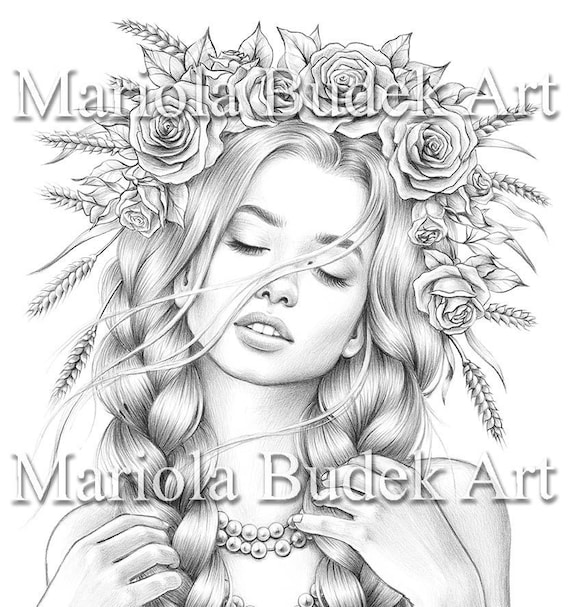 Harvest mariola budek premium coloring page printable adult women flowers colouring pages book download grayscale illustration pdf download now