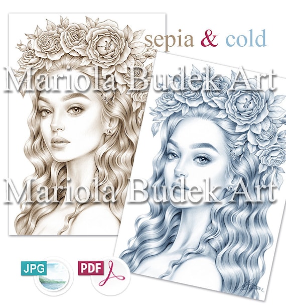 Spring is in the air mariola budek premium coloring page printable adult women coloring pages book download grayscale illustration pdf