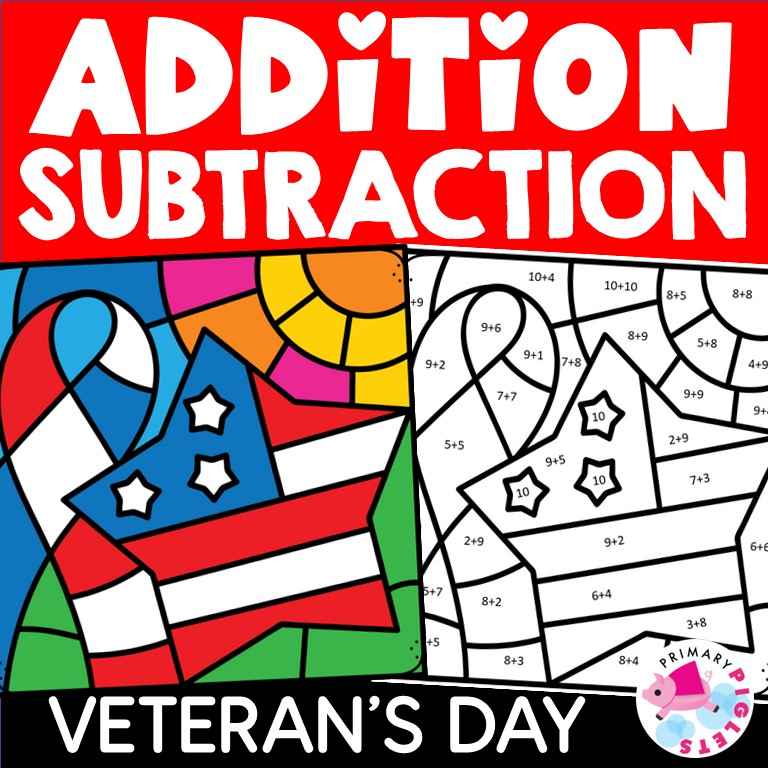 Veterans day color by number code addition subtraction math activities made by teachers
