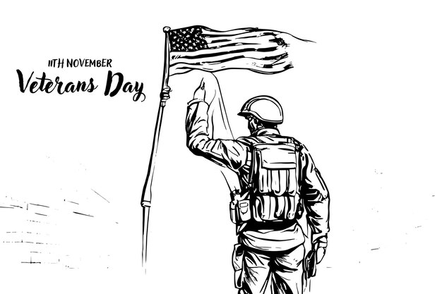 Premium vector sketch veterans day simple vector banner poster background with flag and soldier sketch art with