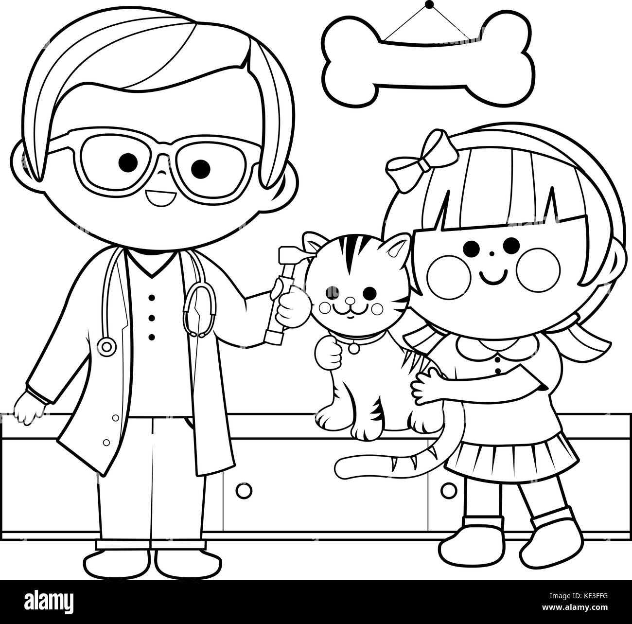 Veterinarian examining a cat coloring book page stock vector image art