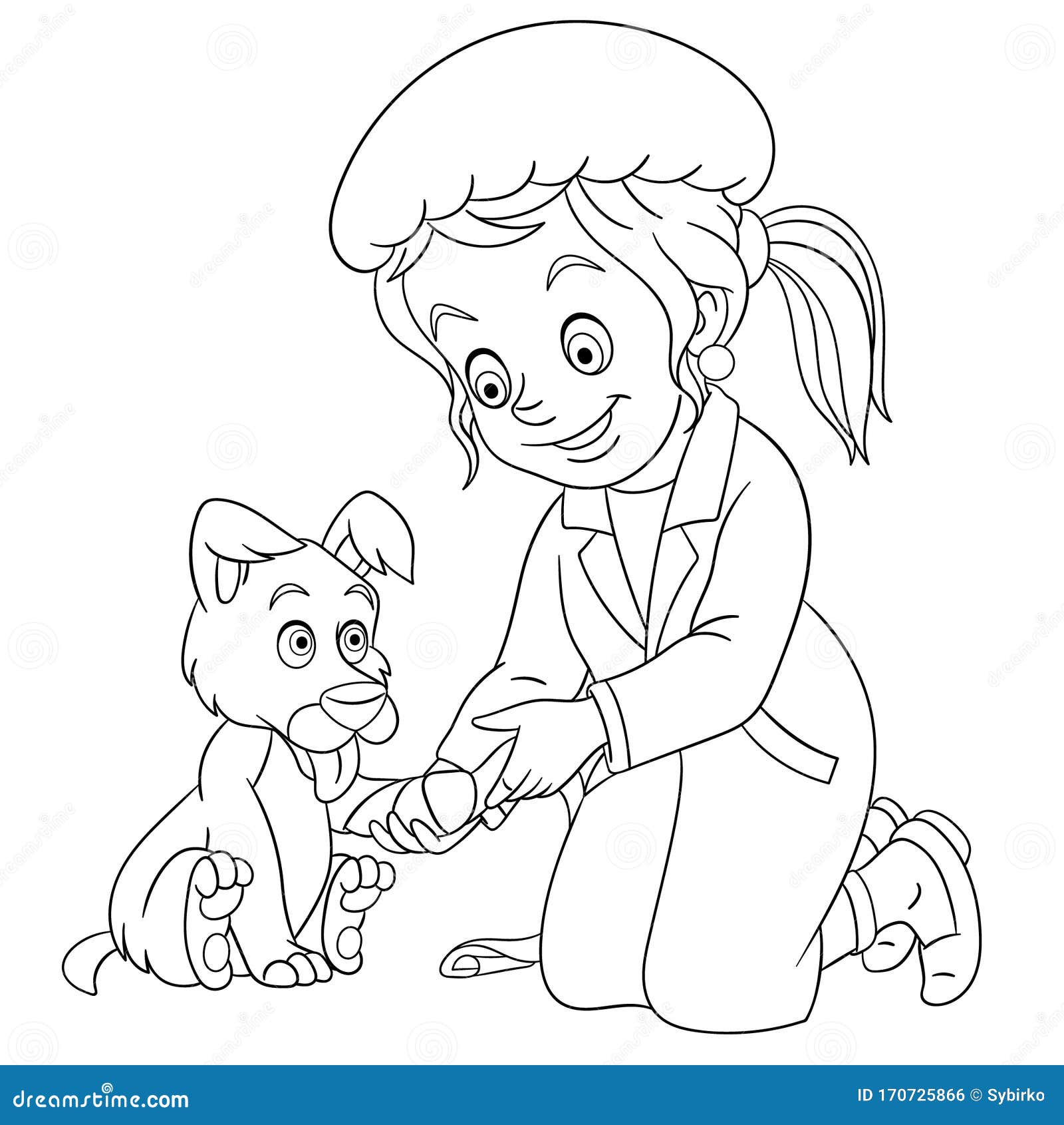 Coloring page with vet veterinarian girl and dog stock vector