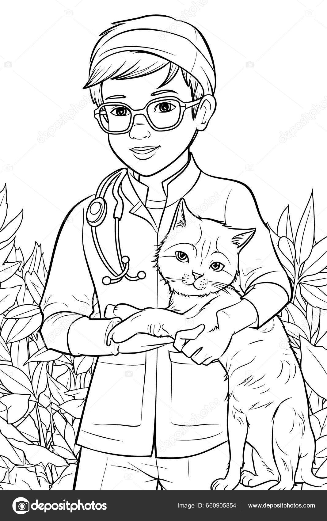 Drawing childrens coloring book portrait happy smiling veterinarian veterinarian depicted stock photo by george