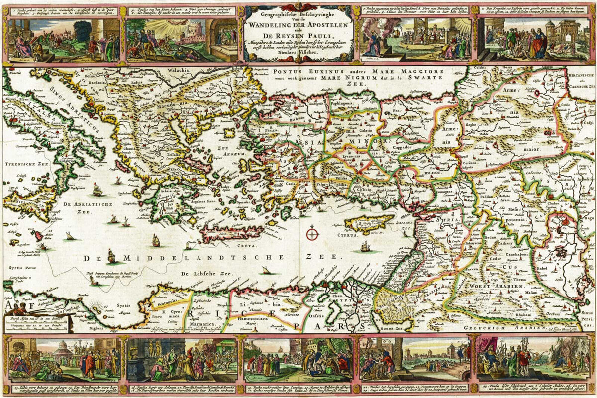 Map apostle pauls journey fr jerusalem to rome christian religious poster