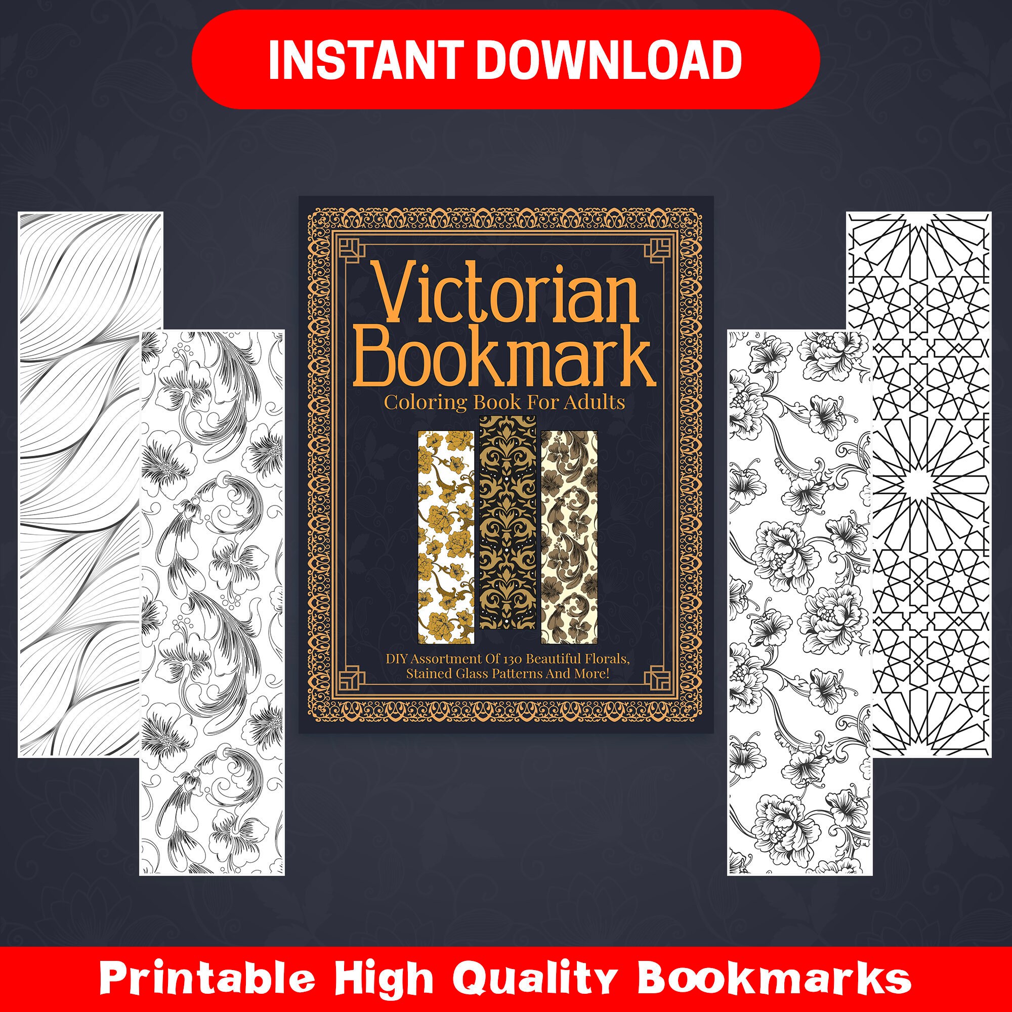 Best value victorian bookmark coloring book for adults instant download diy bookmark pages stained glass patterns art therapy