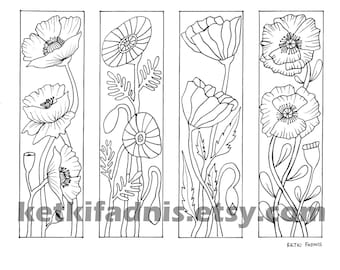 Coloring bookmarks poppy flowers bookmarks coloring page instant pdf download digital download hand drawn diy coloring page