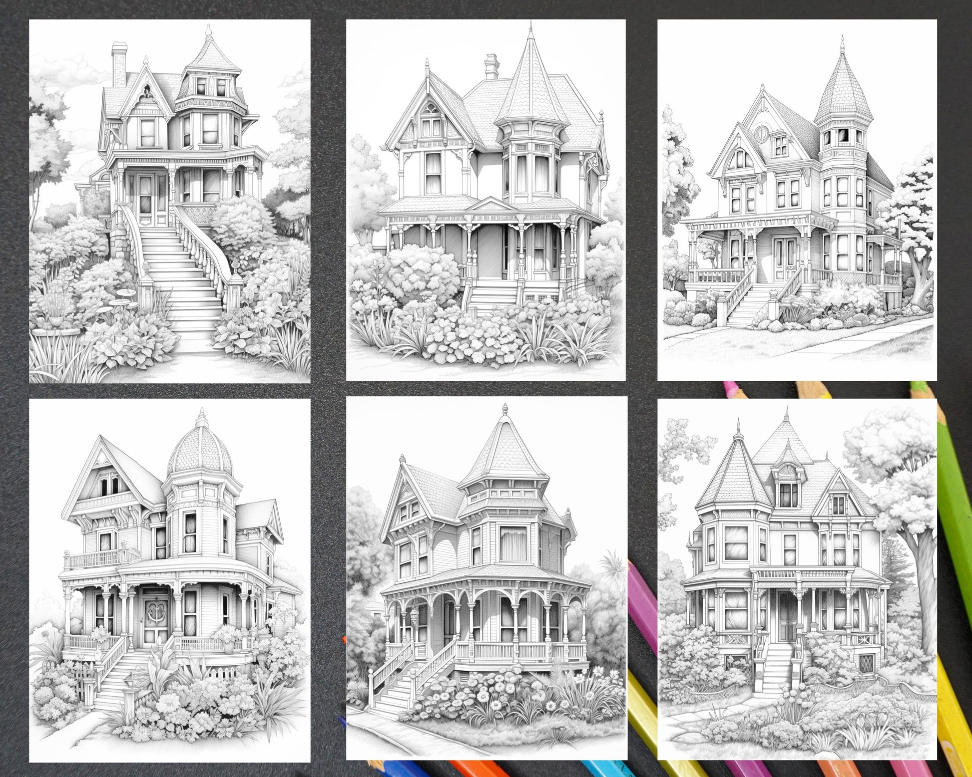 Victorian houses grayscale coloring pages printable for adults pdf â coloring