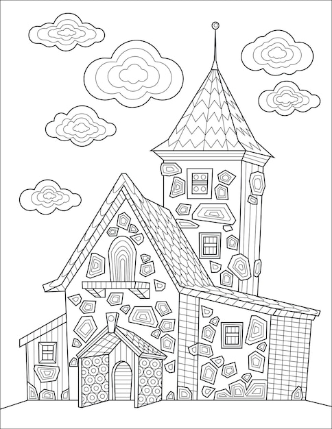 Premium vector old victorian house line drawing with geometric details and clouds for coloring book