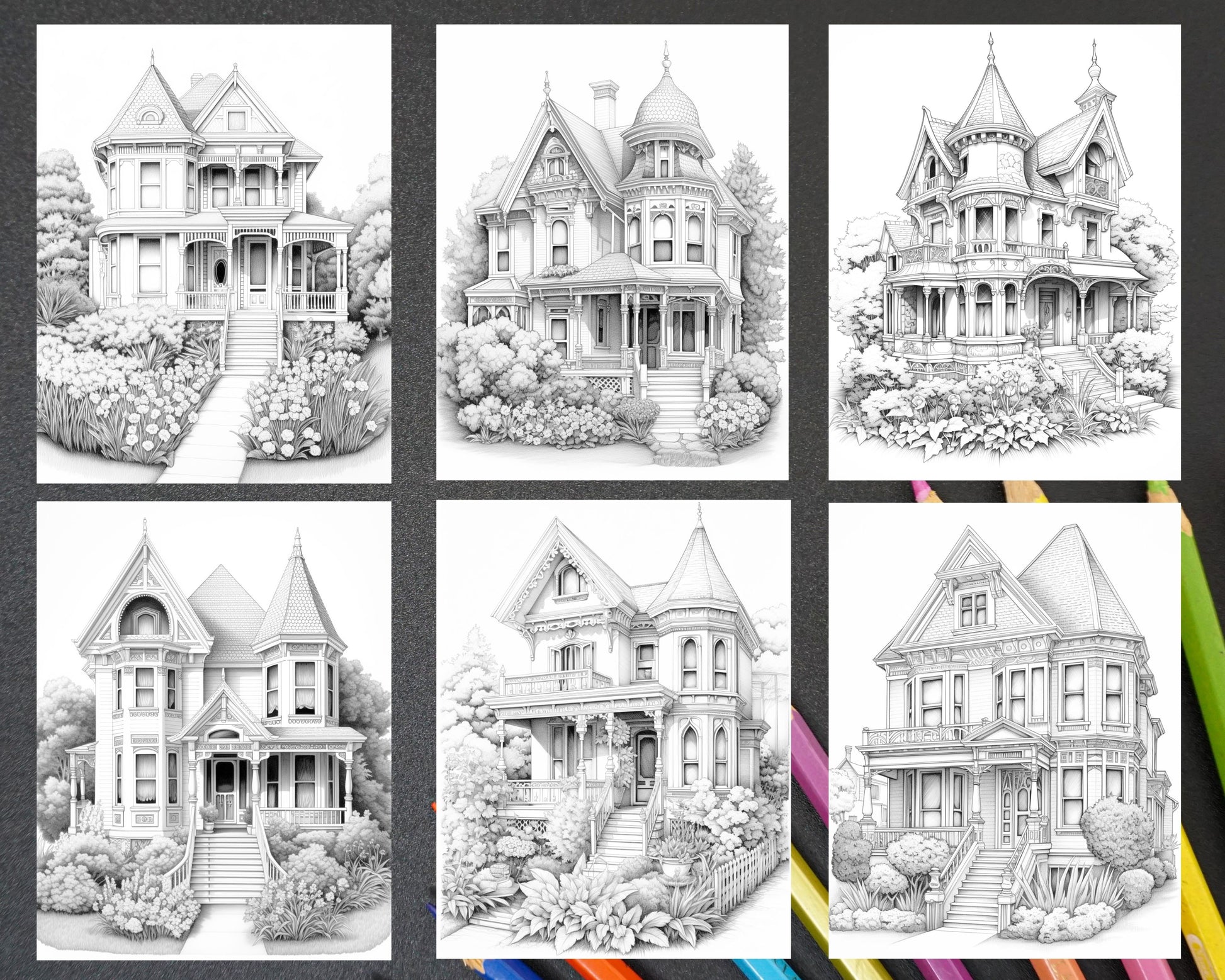 Victorian houses grayscale coloring pages printable for adults pdf â coloring