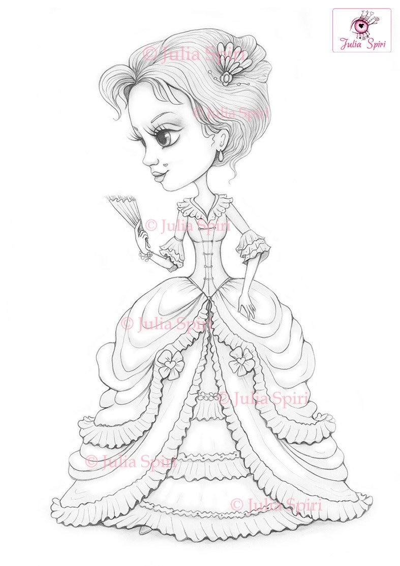 Victorian coloring page digital stamp dig vintage girl old dress lace fan past fashion rustic crafting fantasy whimsy annabelle
