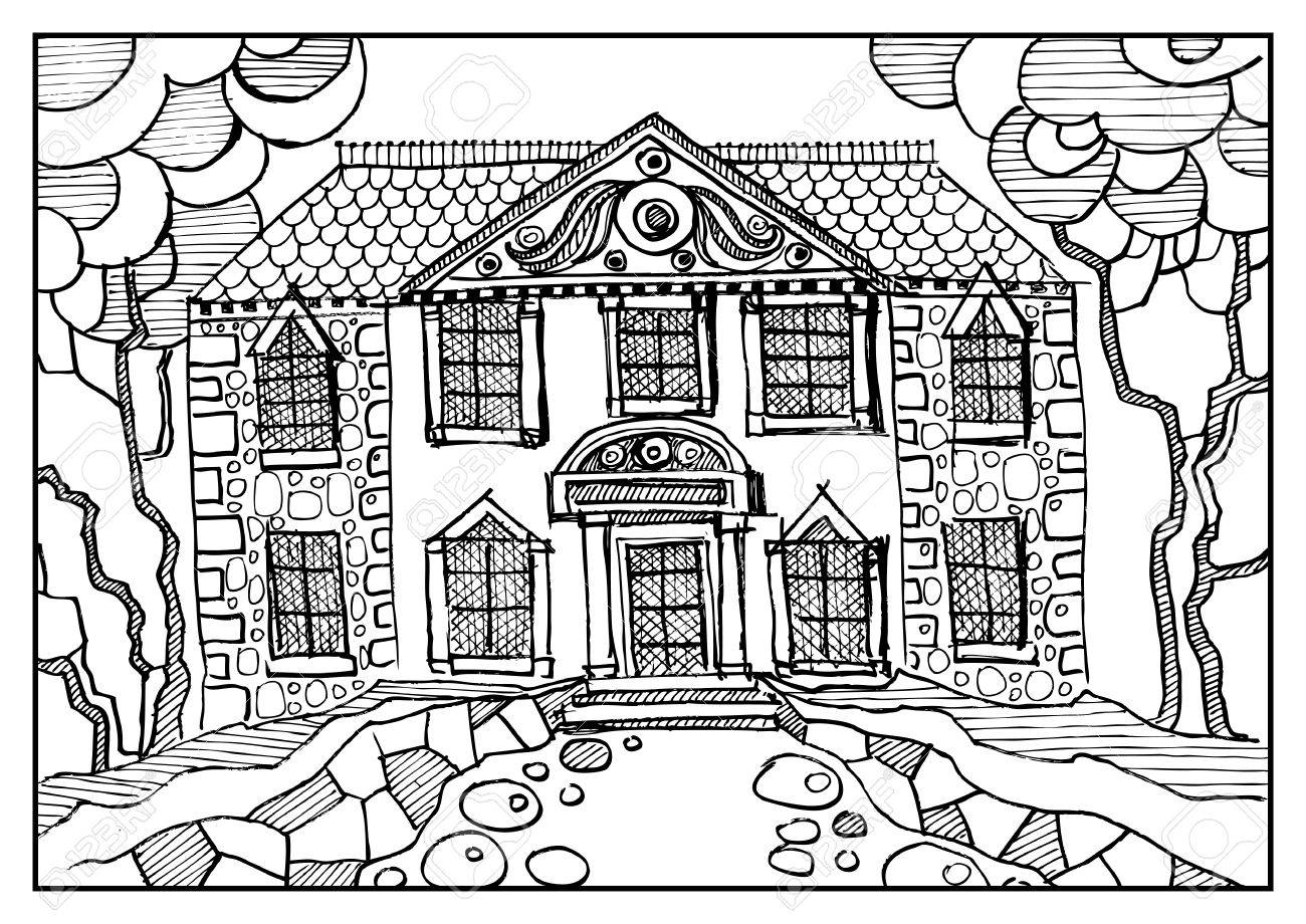 Fantasy landscape fairy tale castle old medieval town park trees hand drawn sketch album cover coloring book page suitable for invitation flyer sticker poster banner card label cover web vector illustration royalty