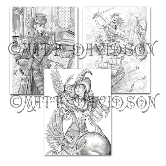 Victorious secrets a steampunk coloring book matt davidson instant download grayscale fantasy line art adult coloring book printable