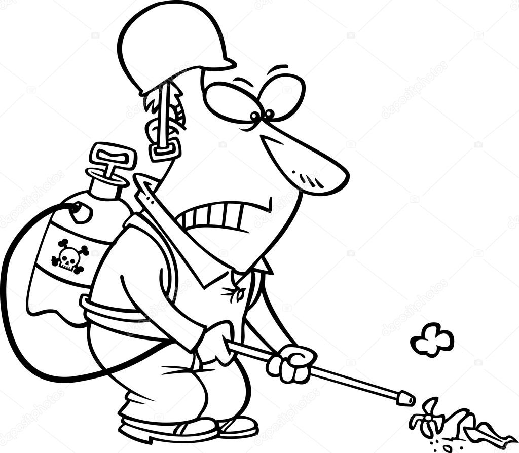 Vector of a cartoon victorious weed killer black and white outline