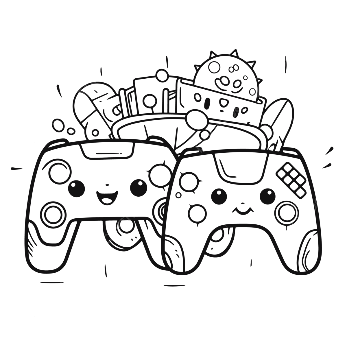 An attractive coloring page with a couple of video game controllers with colorful cartoon characters outline sketch drawing vector car drawing cartoon drawing wing drawing png and vector with transparent background for