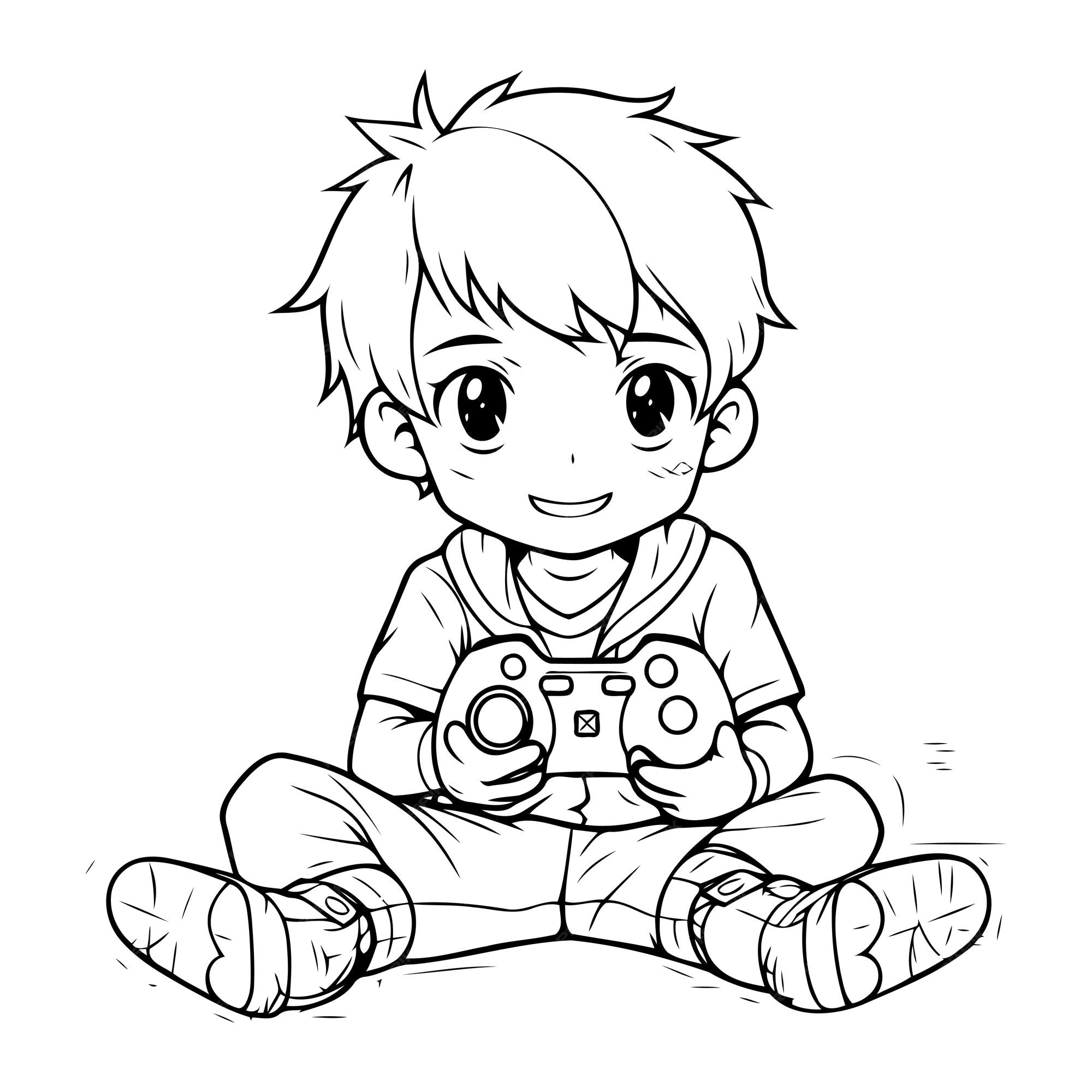Premium vector boy playing video game black and white vector illustration for coloring book