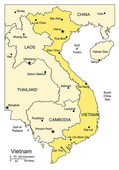 Vietnam map for powerpoint major cities and capital