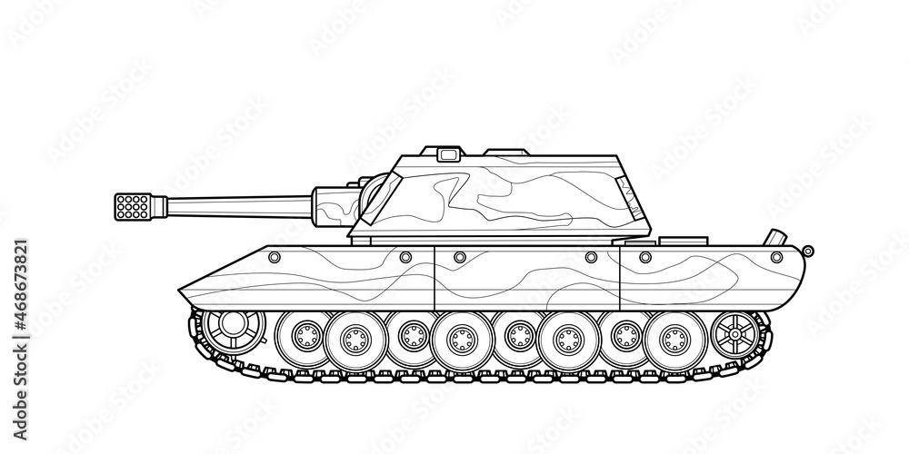 Adult line art military tank coloring page for book and drawing war modern panzer vector illustration vehicle graphic element black contour sketch illustrate isolated on white background vector