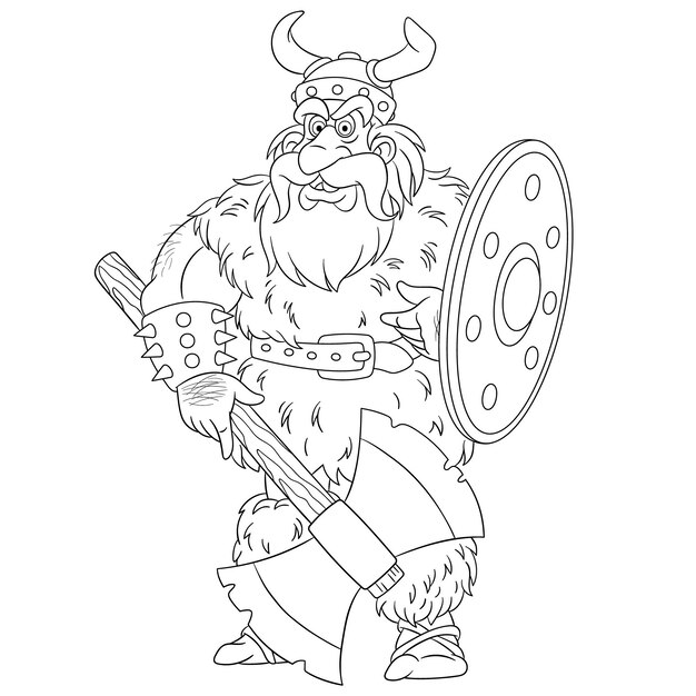 Premium vector cute old viking man with axe cartoon coloring book page for kids