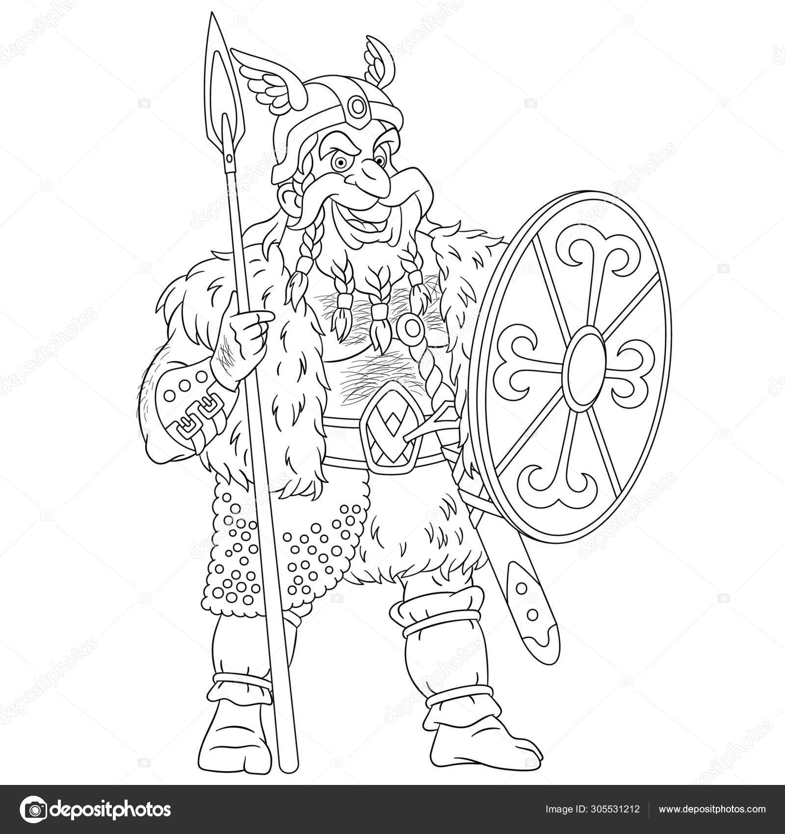 Coloring page with ancient viking warrior stock vector by sybirko