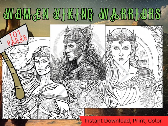 Women viking warriors colouring book pagesfantasy coloring pagesprintable downloadable pdf coloring sheetsviking grayscale coloring