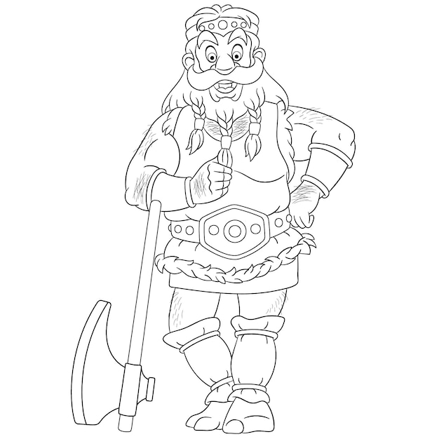 Premium vector cute bearded viking man with axe cartoon coloring book page for kids