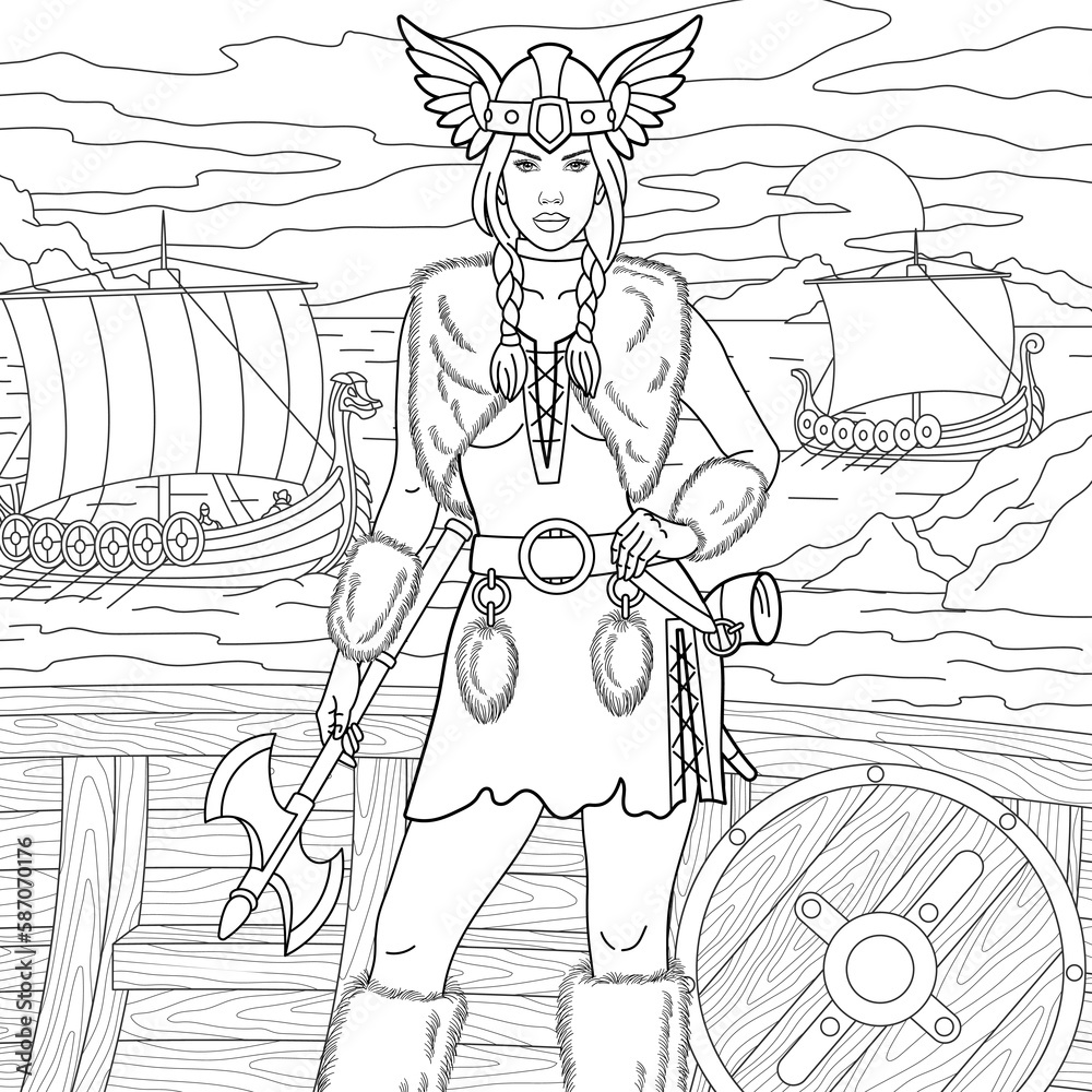 Beautiful viking woman adult coloring book page with mandala and zentangle elements vector