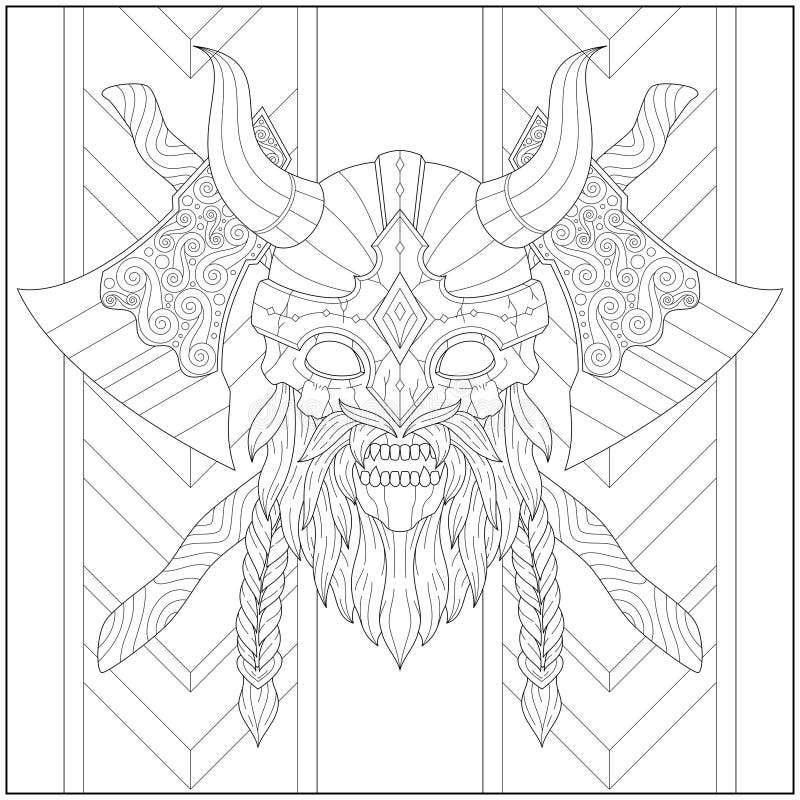 Amazing viking chieftain skull with beard and axe learning and education coloring page illustration for adults and children outl stock vector