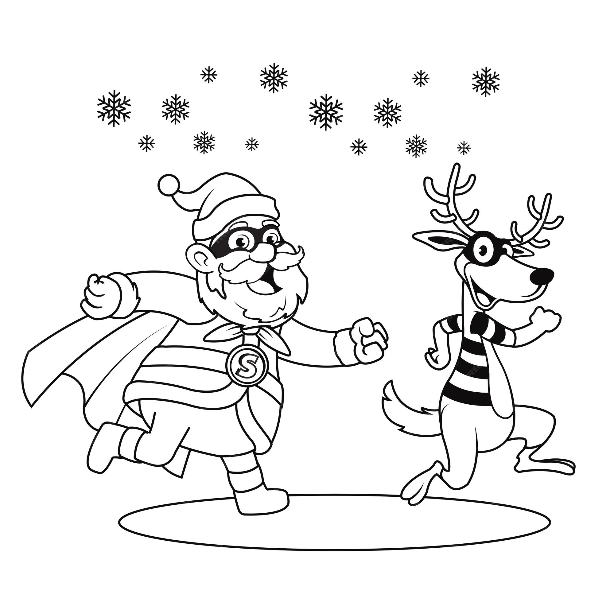 Premium vector black and white illustration for christmas coloring book of santa superhero chasing villain deer