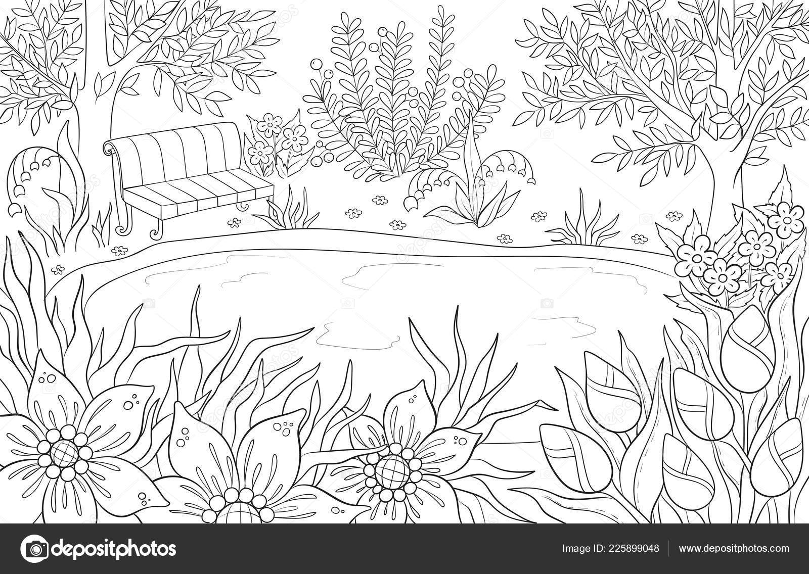 Mãlarbok fãr vuxna och barn fãrgning bok eller kula tidning sommar landskap med bãnk tees blad blommor och sjãn svart och vitt vektor av juliasnegireva