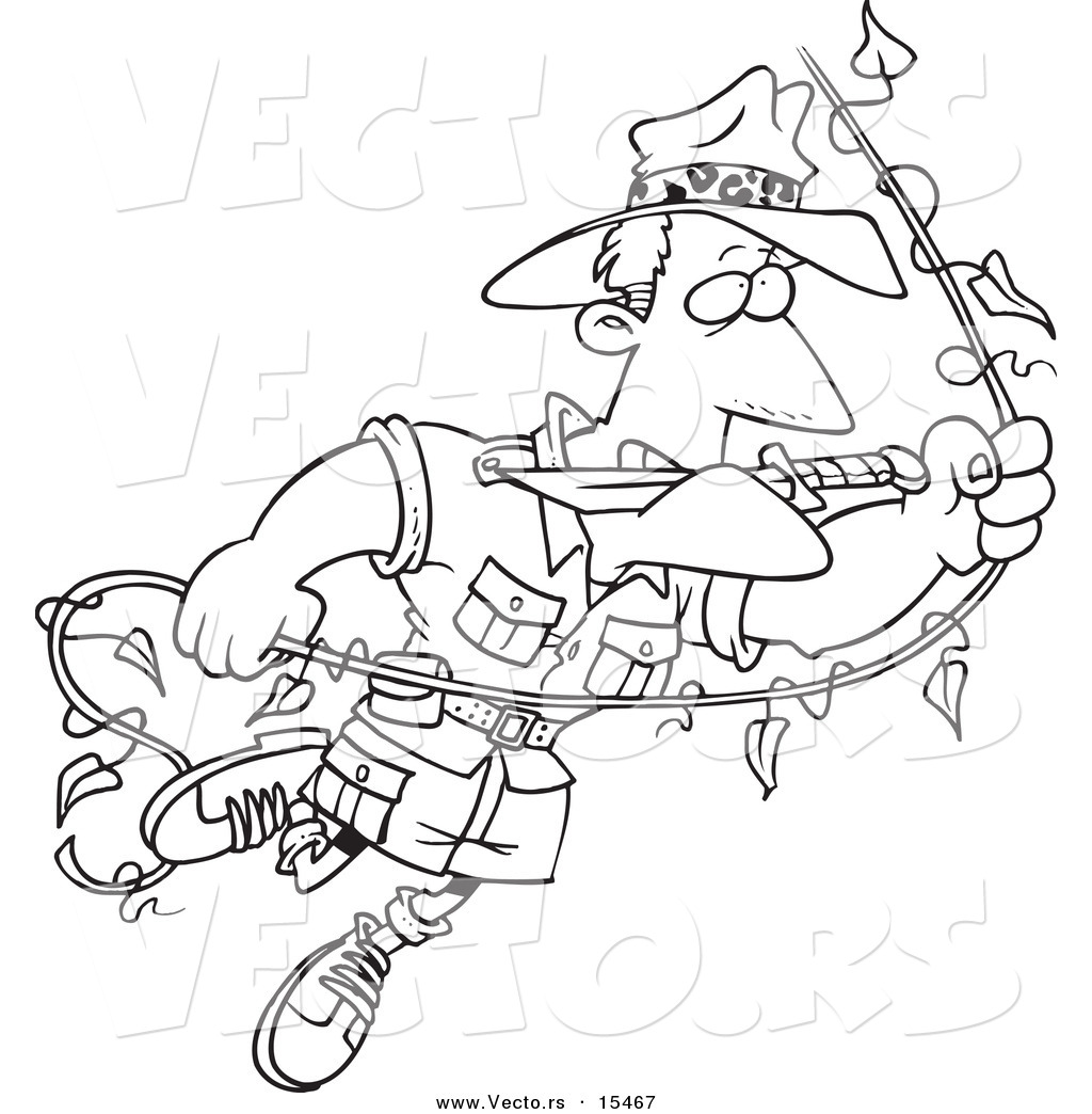 R of a cartoon explorer man swinging on a vine