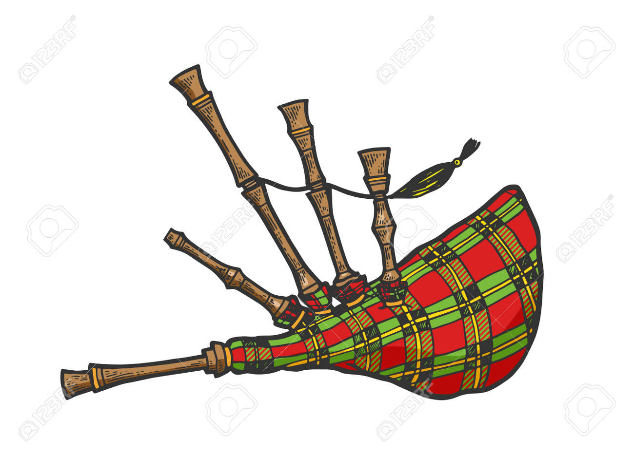 Bagpipes instrument color sketch engraving vector illustration scratch board style imitation black and white hand drawn image royalty free svg cliparts vectors and stock illustration image