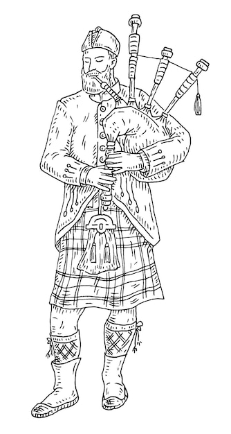 Premium vector scottish man dressed in kilt playing traditional bagpipes vintage vector black engraving illustration isolated on white background hand drawn design ink