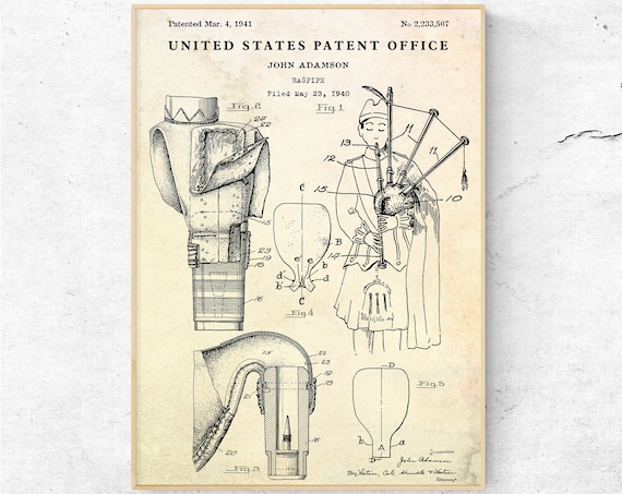 Bagpipes patent print scotland musical instrument invention blueprint poster scottish wall art music room vintage decor bagpipe gift