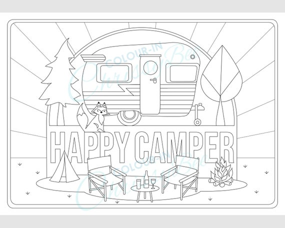 Printable camping coloring page happy camper retro rv activity sheet colouring for adults and kids a and letter format download now