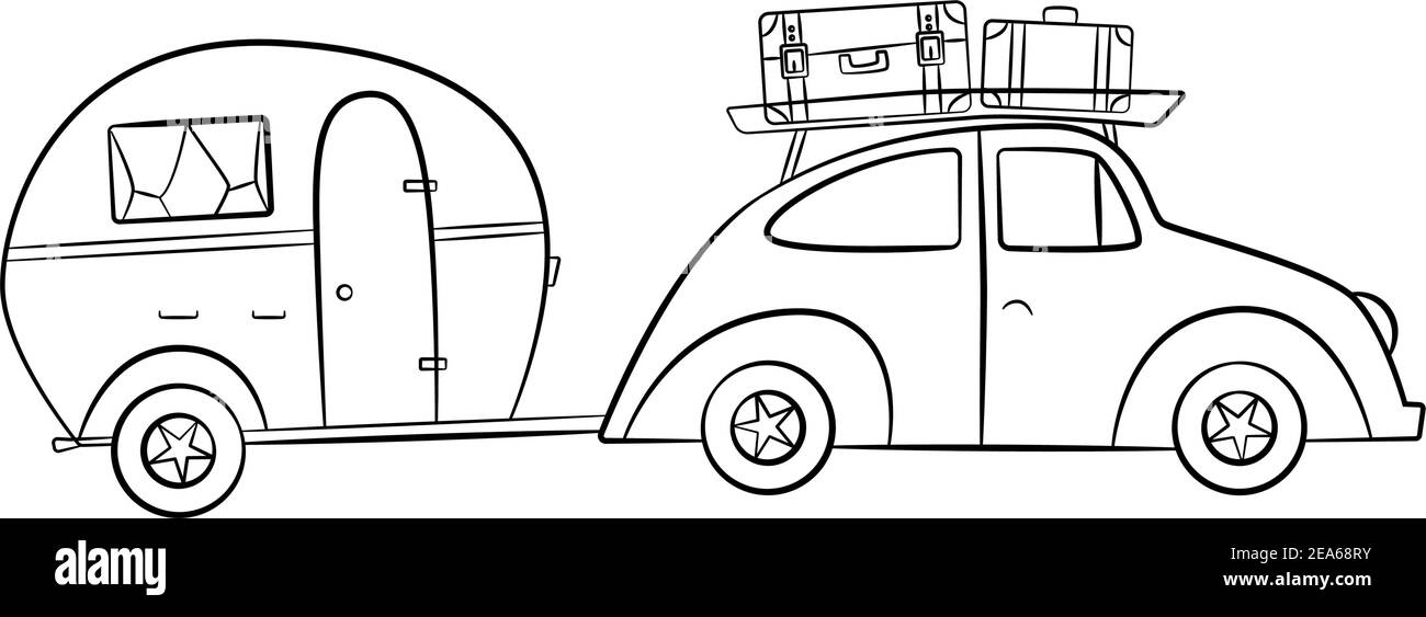 Sketch trailer for camping tourism with retro car doodle set of transport for leisure and adventure vector illustration stock vector image art