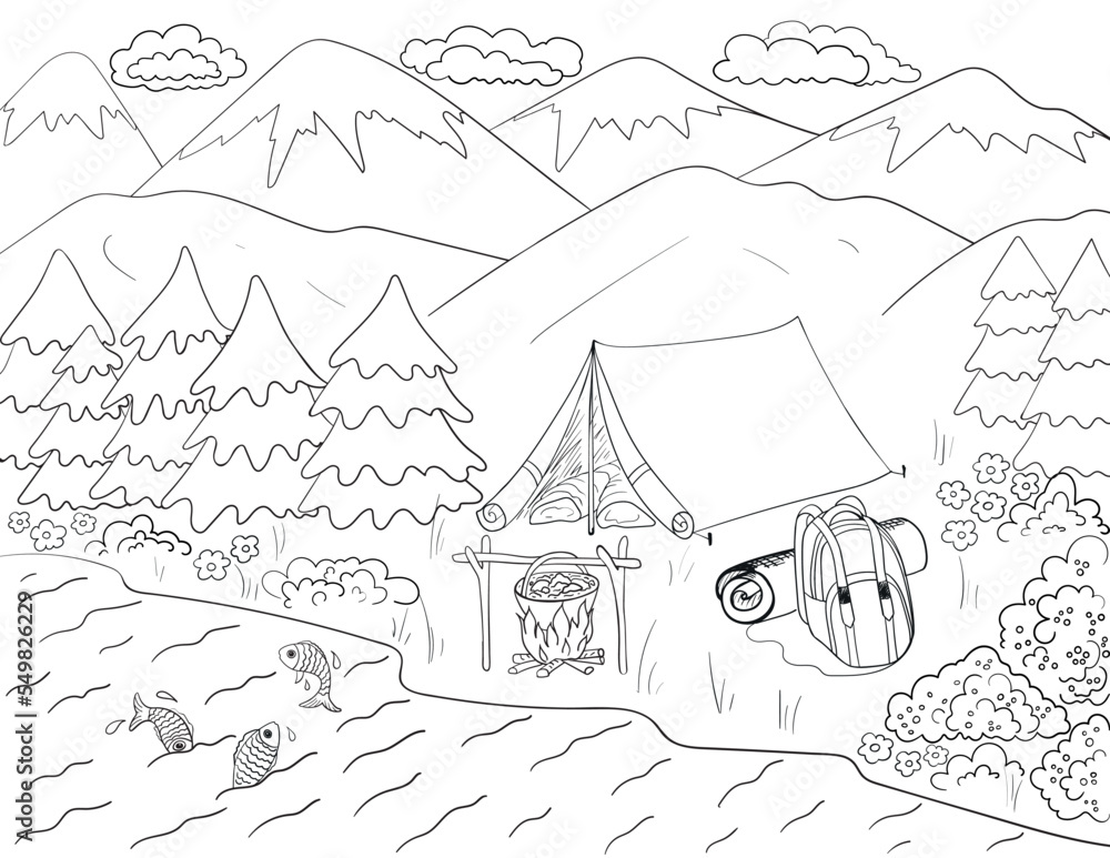 Fishing coloring page camping near the river with fire place mountains and forest near the river fish fire cooking outdoor backpack and tent retro tourist equipment bushes with berries