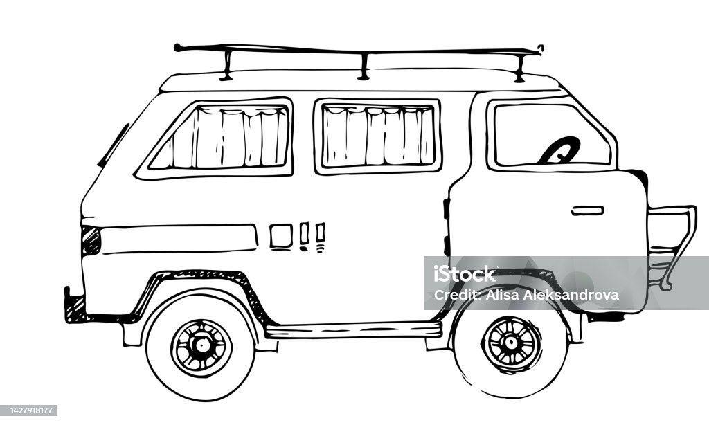 Sketch of camp car for family summer travel vector hand drawn illustration of vintage bus engraving of caravan on white isolated background stock illustration