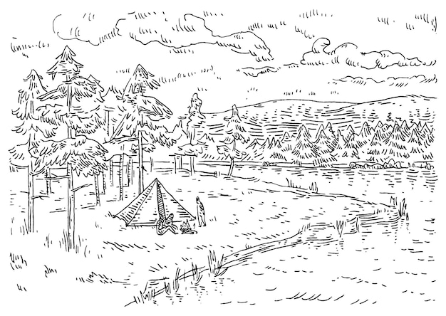 Premium vector camping in forest vintage engrave vector monochrome black illustration