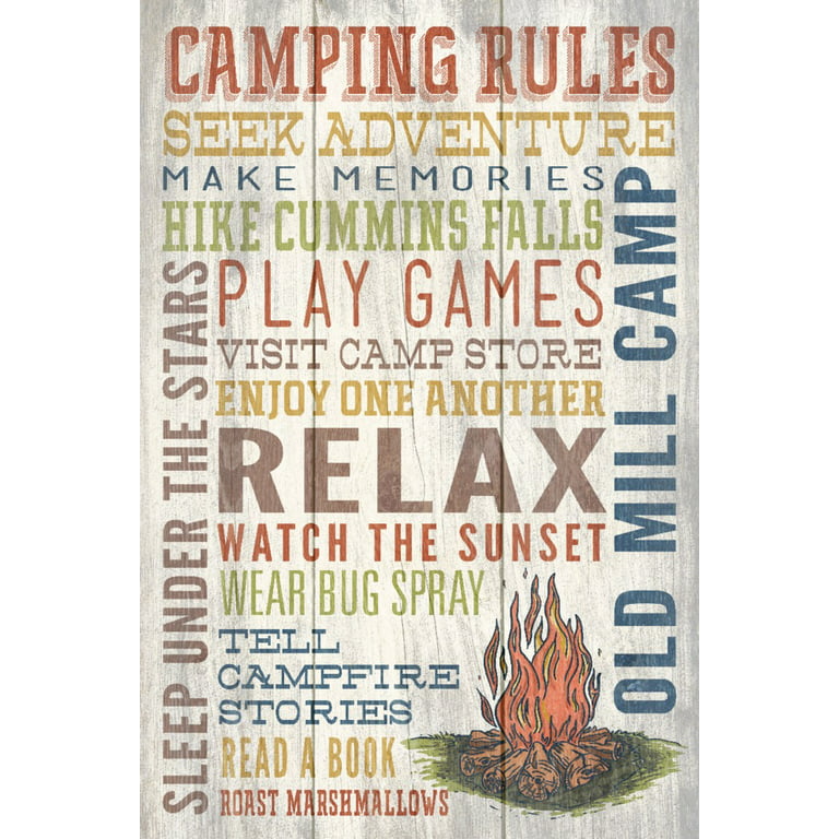 Old mill camp camping rules typography x giclee gallery art print vivid textured wall decor